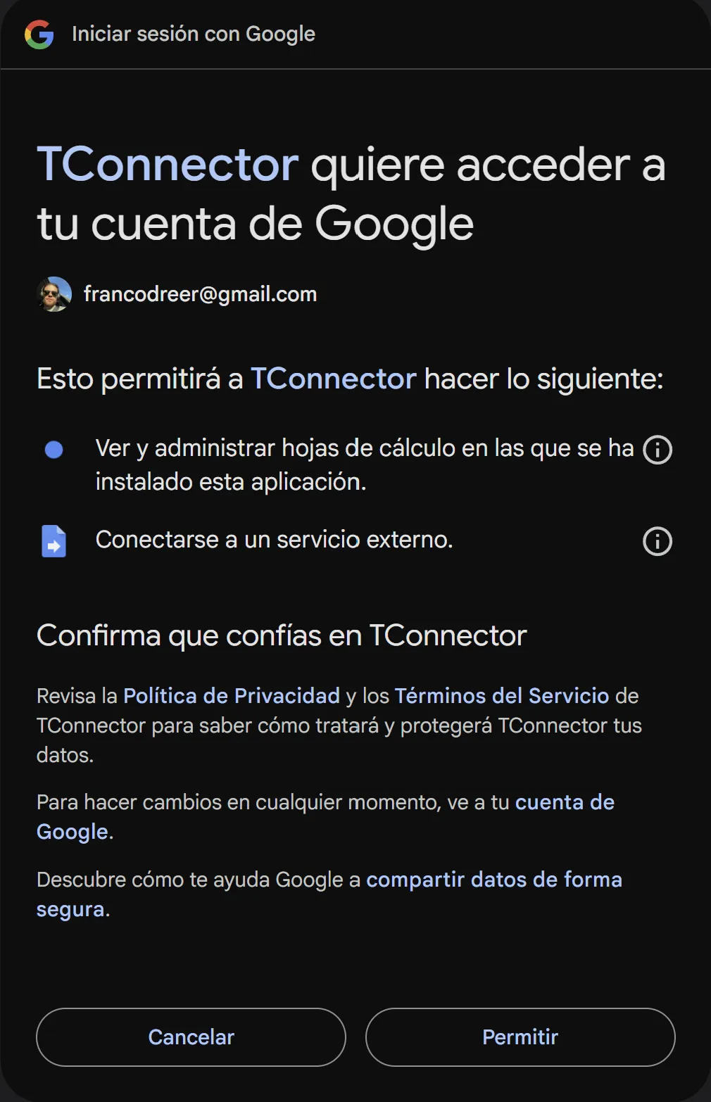 Pantalla de permisos de Google