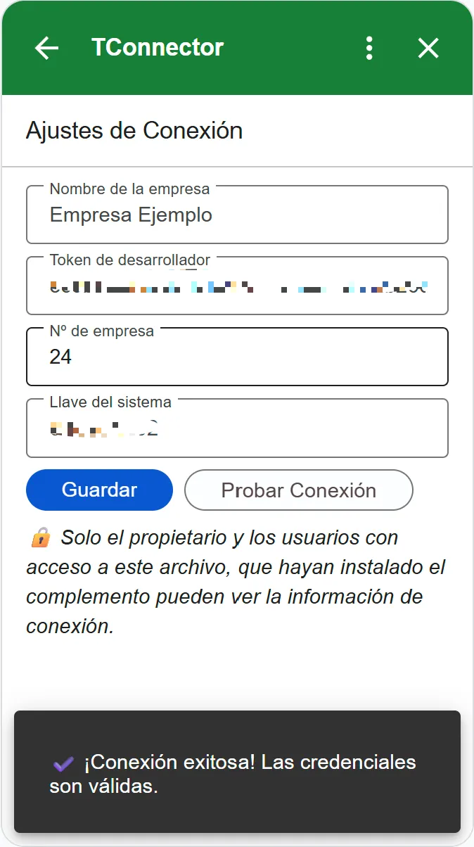 Ajustes de conexión a la API de Tango
